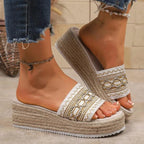 Women's Slippers  for Beach Heeled Sandals Bohemian Handmade Ladies Espadrillesm Ethnic Style Cotton Rope Platform Shoes