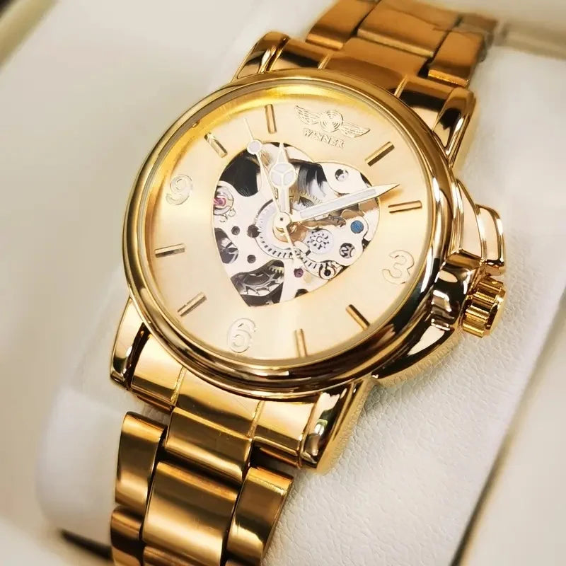 Women's Automatic Mechanical Watch - Luxurious Gold Skeleton Dial with Luminous Hands, Stainless Steel Strap, Non-High-Quality Everyday Watch Suitable for Formal and Casual Events - Ideal Gift for Women on Christmas, Birthday