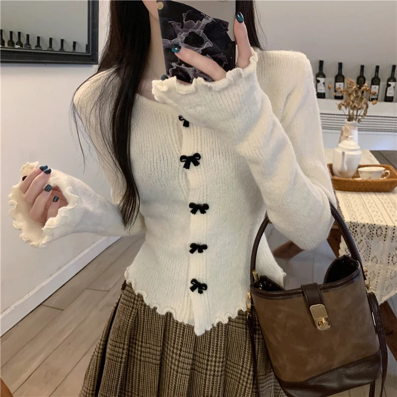 Women's V Neck Button Knit Tops Ruched Long Sleeve Cropped Cardigan Lady Autumn Winter Knitted Single-breasted Cardigan Sweaters