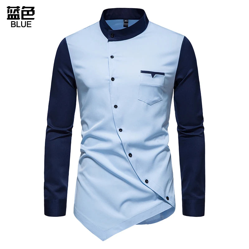 Men Shirt Long Sleeve Personality Diagonal Button Shirts for Men Luxury Designer Irregular Henry Collar Top Grade Tops