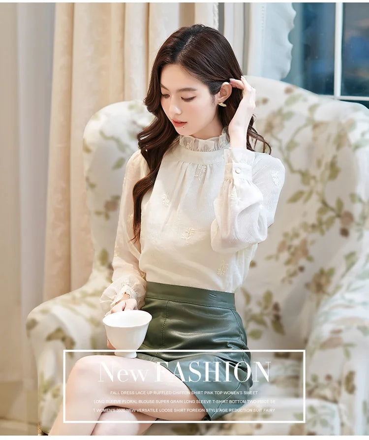 Women Blouse Shirt New Long Sleeve Ruffled Collar Elegant Embroidery Blouse Shirt Women Tops Blouses Shirts Blusas Camisas Q770