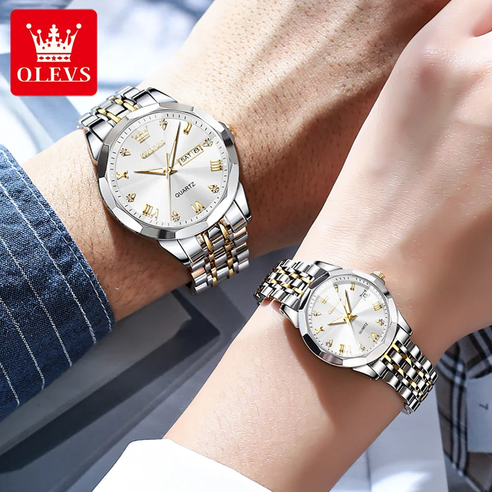 OLEVS 9931 Top Original Couple Watch Stainless Steel Rhombus Mirror Design Luxury Quartz Watch for Men Women Lover's Wristwatch