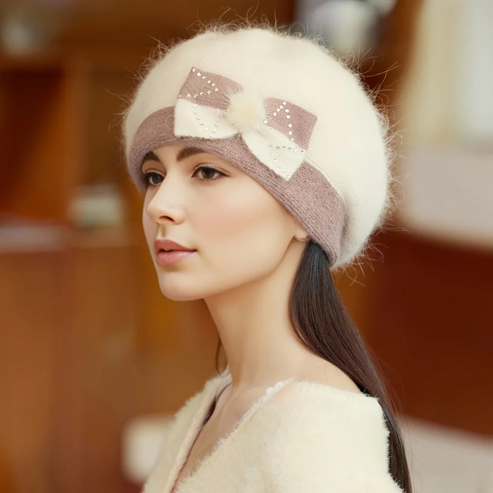 Autumn and winter hats, children's brimless rabbit fur hats, butterfly knot diamond knitted hats, pullover hats, double-layer th