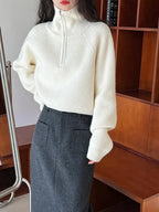 Autumn Winter  Zipper Sweaters Women Solid Color High Neck Knitted Pullover Solid Red Loose Turndown Collar Women's Turtleneck