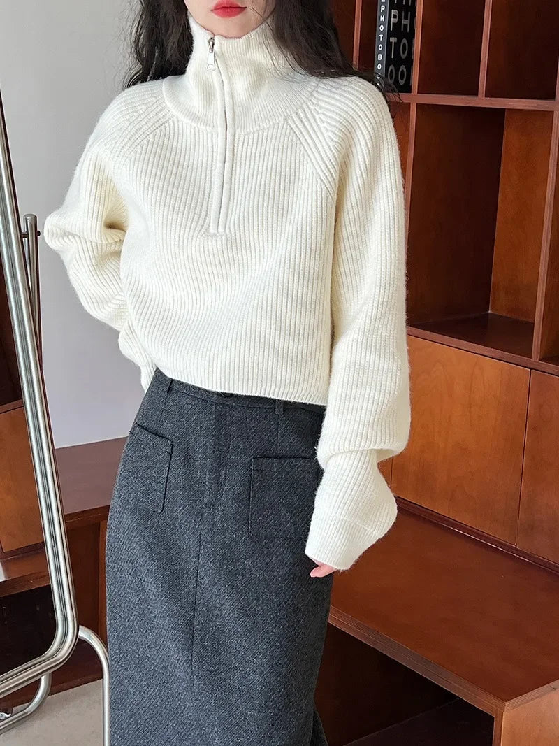 Autumn Winter  Zipper Sweaters Women Solid Color High Neck Knitted Pullover Solid Red Loose Turndown Collar Women's Turtleneck