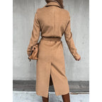 Autumn Winter Women Woolen Jacket Top Outwear Elegant Fashion Long Sleeve Lapel Collar Belt Trench Coat Overcoat Streetwear