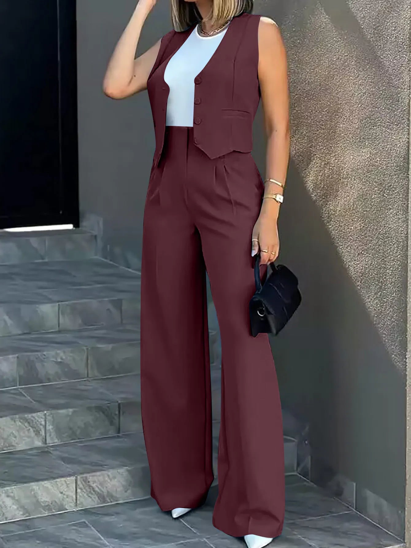 Pant Sets Women Wide Leg Pants Two Piece Suit Single Breasted Vets Sleeveless High Waist Elegant Trousers Pockets Solid Outwear