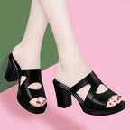Woman Slippers Sexy Shoes for Women Job Leather Sandals Heeled Slides Black Summer 2024 on Sale Offer Comfortable and Elegan 39