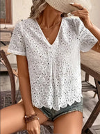 Woman Clothing Blouse Embroidered With Lace Eyelets, Elegant Short -sleeve Top With Neck For Spring And Summer, Women's Clothing