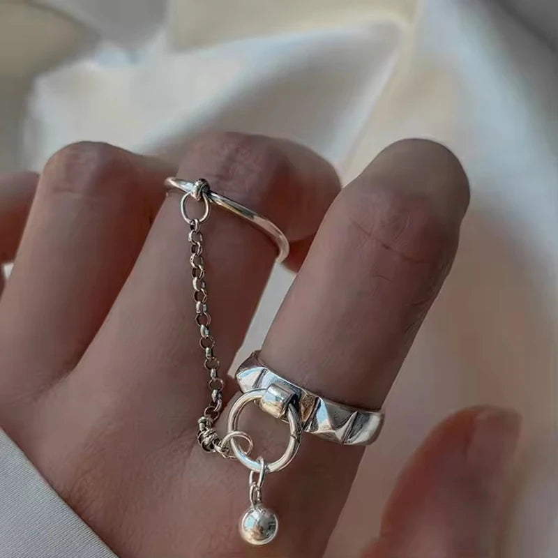 Real 925 Sterling Silver Retro Round Geometric Ring For 2 Rings Women Chain Vintage Fine Jewelry Minimalist Accessories Gift