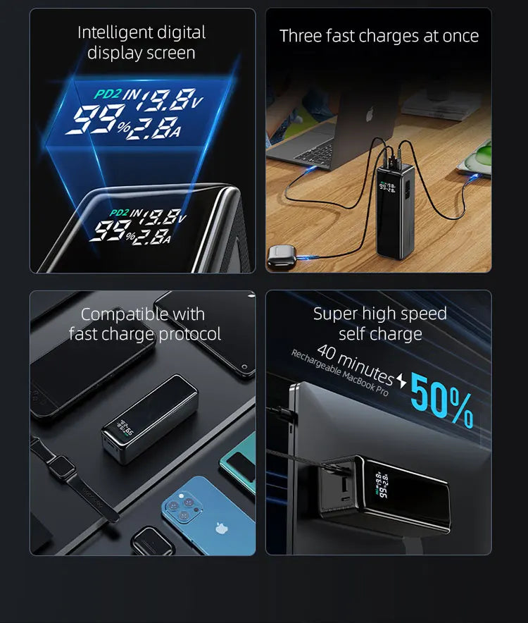 160W Power Bank 30000mah TFT Digital Display PD100W PD QC SCP PD80W+PD80W Laptop Phone Earphone Portable Two Way Fast Charging
