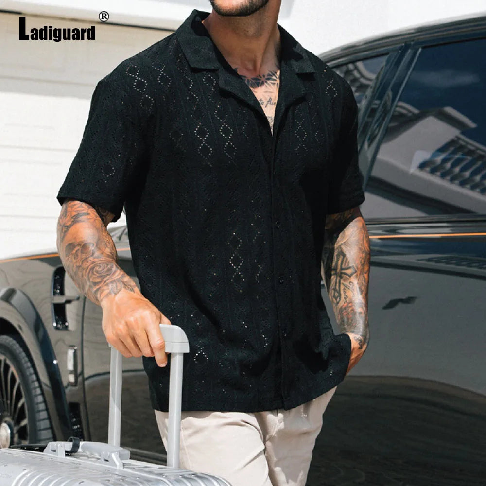 Men's Hollow Out Board Shirt Men Short Sleeve Notched Casual Knitted Tops Latest Summer Beach Pullovers Sexy Mens clothing 2025