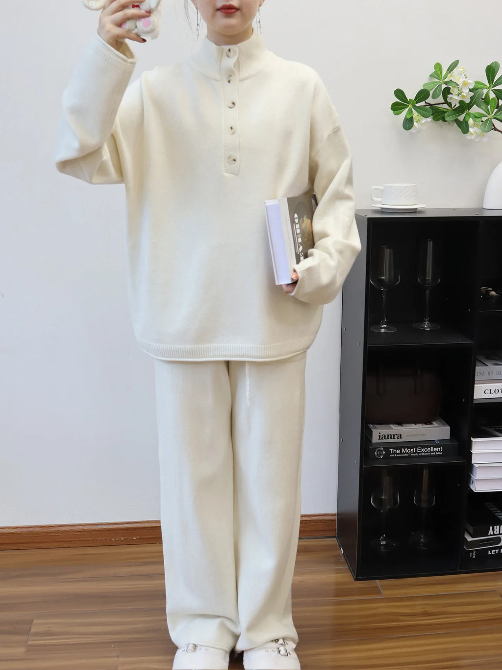 Pant Set Women Two Piece Sets Stand Collar Full Sleeve Knit Tops Wide Leg Long Pants Lace Up Elastic Waist Y2k Streetwear