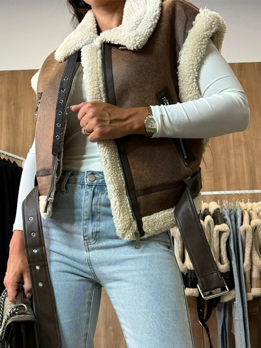 Women Winter Faux Suede Vest Sleeveless Zipper Up Fleece Sherpa Lined Jacket Fashion Solid Color Casual Outerwear Coat!