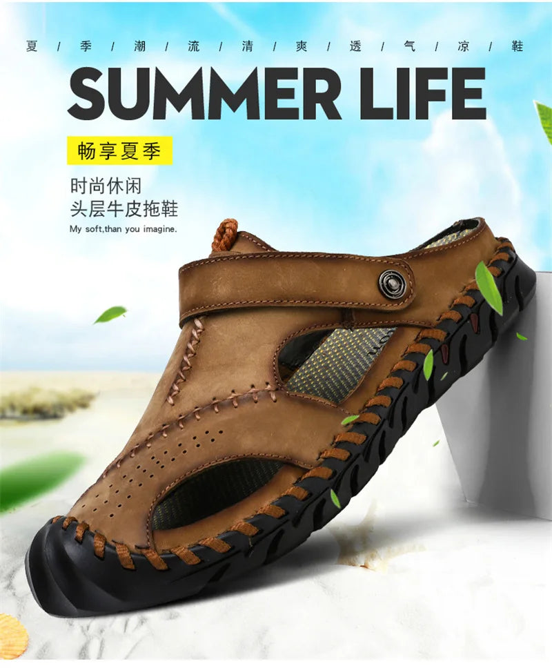 2023 Sandals Summer Men Leather  Classic Men Shoes Slippers Soft Sandals Men Roman Comfortable Outdoor Walking Footwear