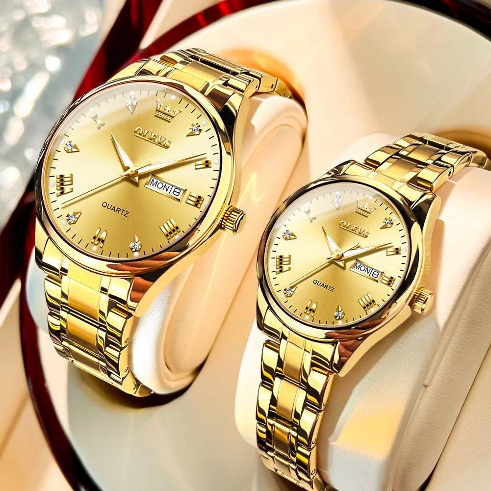 OLEVS Luxury Gold Couple Watches Stainless Steel Original Quartz Watch for Lover Waterproof Luminous Date Week Trend Dress New