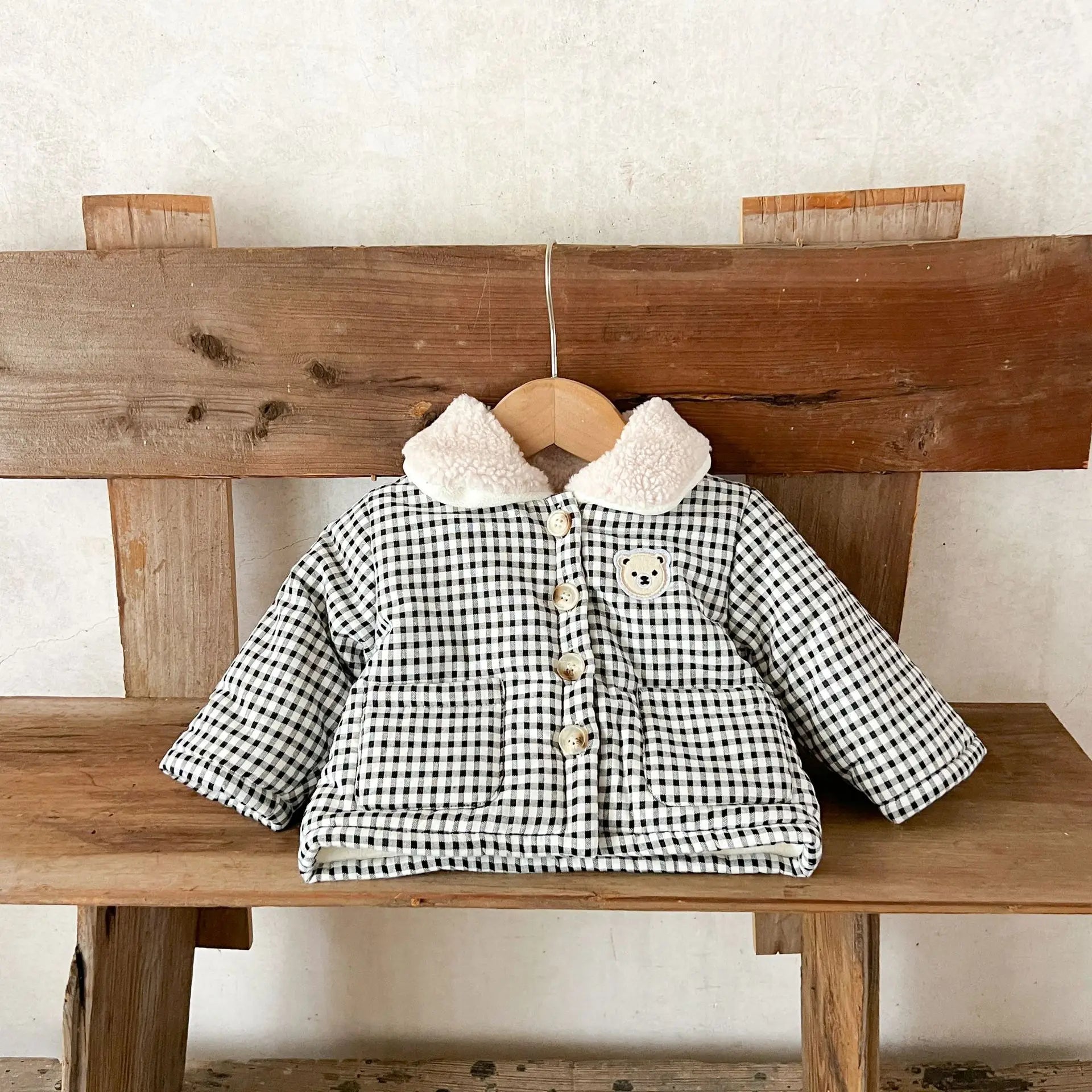Winter Baby Girl Clothing  Plaid Coat Warm Fleece Lined Cartoon Bear Embroidery Children Cotton Padded Jacket