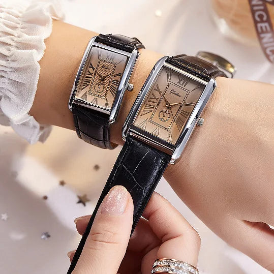 Fashion Couple Watch Luxury Rectangle Dial Women Quartz Watch Men Leather Band Casual Women Leather Wristwatch Relogio Masculino