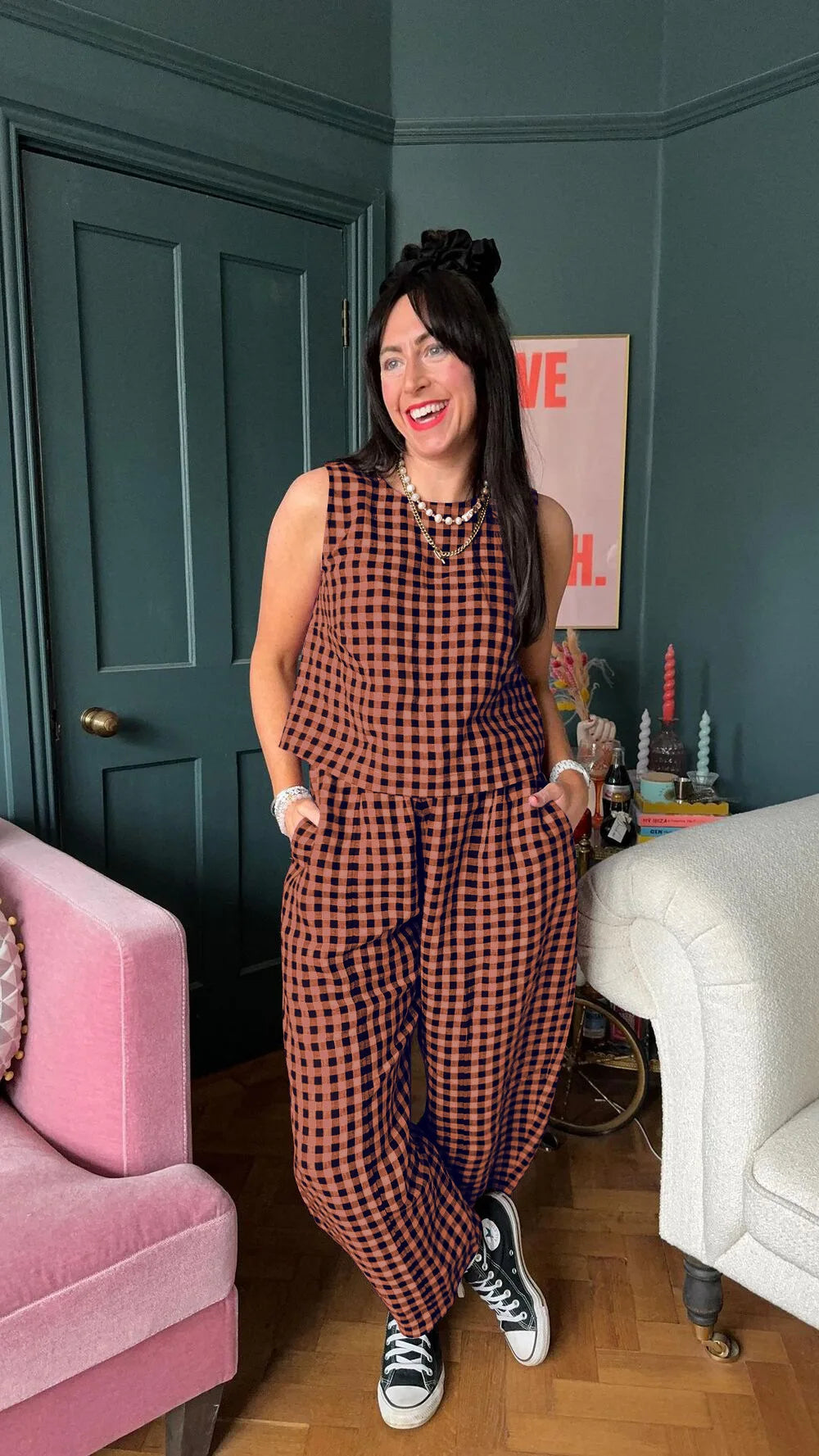 Fashion Women's Pants Set Printed Plaid Sleeveless 2025 Spring Summer Relaxed Vest Nine Point Pants Home Wear Female 2 Piece Set