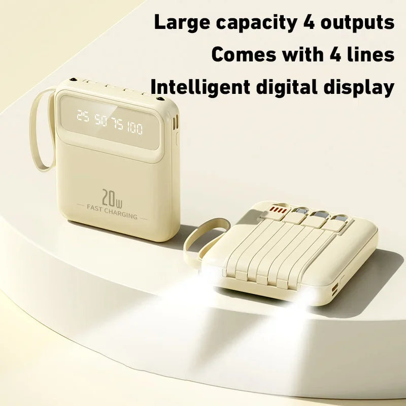 20000mAh Mini Power Bank 4in1 Cable Portable Charger Fast Charging LED Digital Display Poverbank External Battery Mobile Power