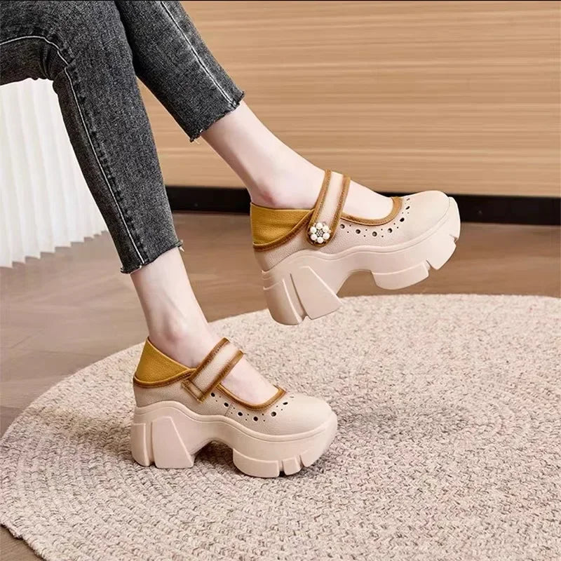 Women's Heels Shoes Summer Sneakers Platform Woman-shoes 2024 Thick Sole Roses Casual Leisure Round Toe Zip PU  Retro Rubber