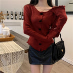 Women's V Neck Button Knit Tops Ruched Long Sleeve Cropped Cardigan Lady Autumn Winter Knitted Single-breasted Cardigan Sweaters