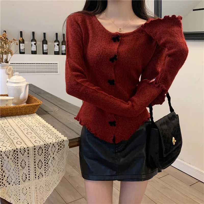 2025 Women's Ruched Long Sleeve Cropped Cardigan V Neck Button Down Knit Lady Autumn Winter Knitted Single Breasted Sweaters