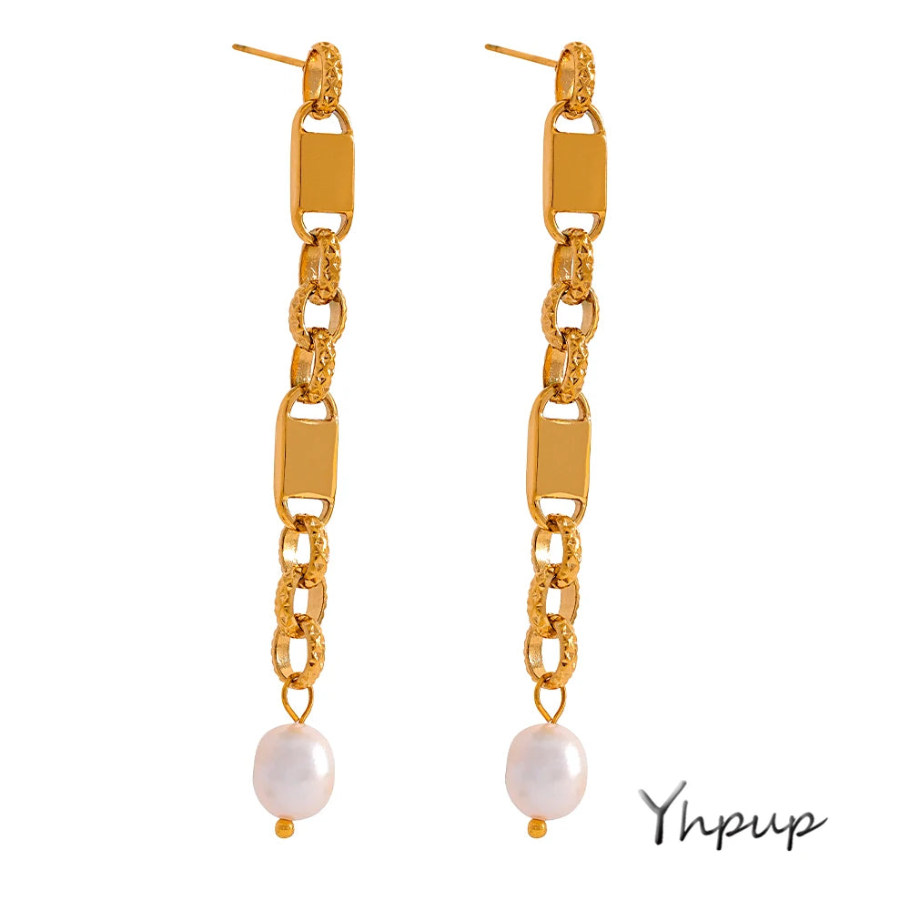 Yhpup Long Hanging Stainless Steel Chain Natural Pearl Drop Earrings Dangle Fashion Party Geometric Charm Temperament Jewelry