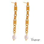 Yhpup Long Hanging Stainless Steel Chain Natural Pearl Drop Earrings Dangle Fashion Party Geometric Charm Temperament Jewelry