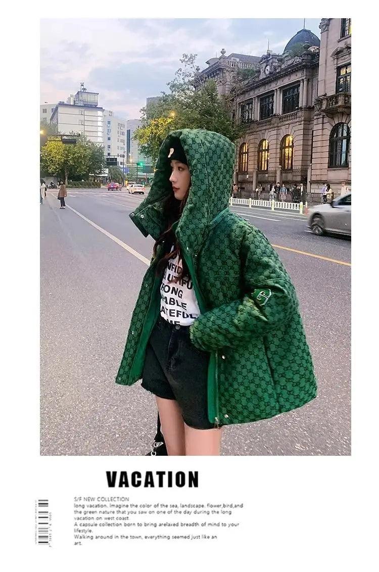 Winter Letter Print Hooded Jacket Women Clothing Trend Zipper Parkas Puffer Down Cotton Coats Design Vintage Windproof Outerwear