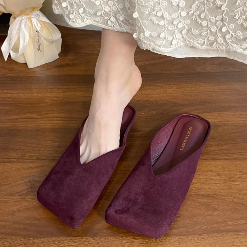 Flats Women Square Toe Slippers Designer Shallow Mule Shoes 2025 Summer New Casual Shoes Fad Brand Walking Soft Femme Chaussures