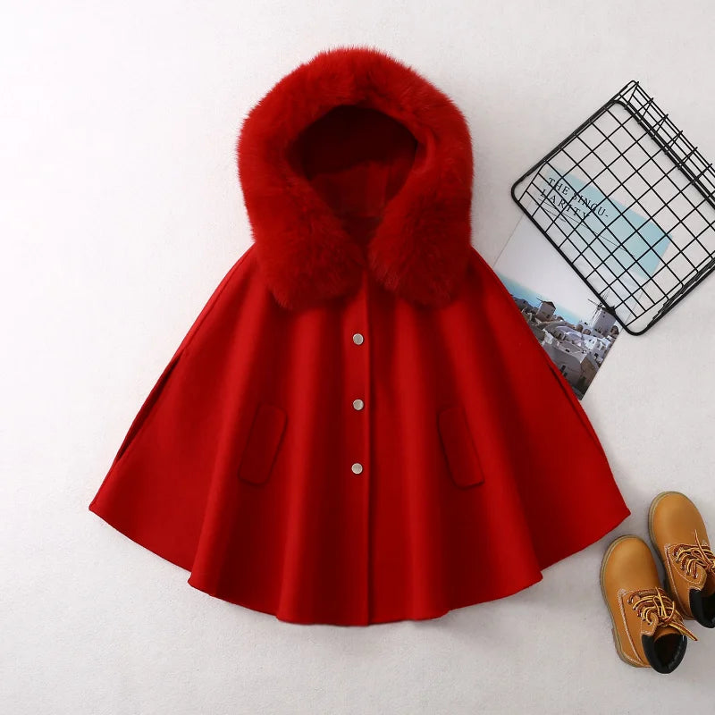 Winter Christmas Girls Woolen Coat  Woolen Cape Fox Fur Collar Kids Jacks for Girls Baby Girl Winter Cloths  Girls NewYear Coat