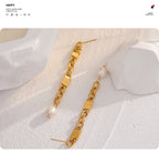 Yhpup Long Hanging Stainless Steel Chain Natural Pearl Drop Earrings Dangle Fashion Party Geometric Charm Temperament Jewelry