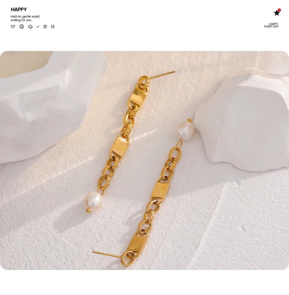 Yhpup Long Hanging Stainless Steel Chain Natural Pearl Drop Earrings Dangle Fashion Party Geometric Charm Temperament Jewelry
