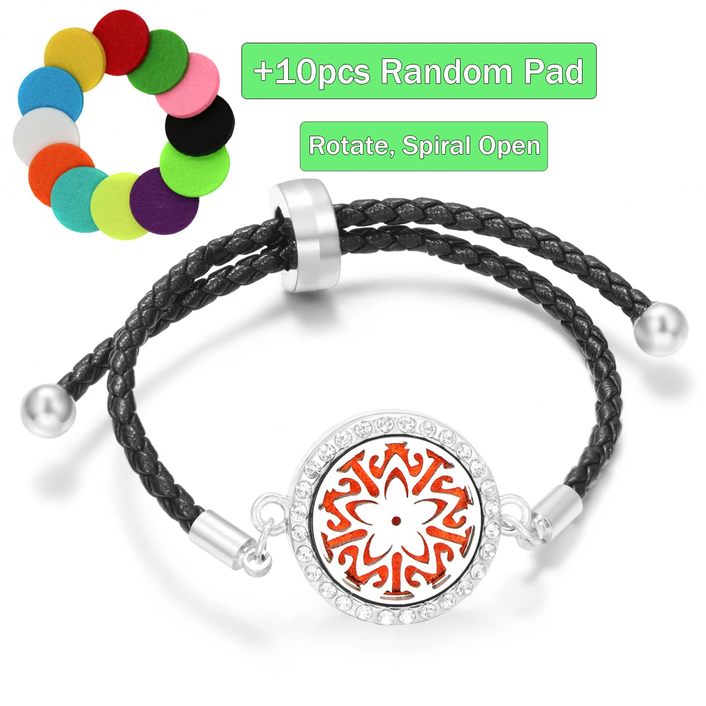 Aromatherapy Diffuser Flowers Rose Women Leather Perfume Bangle Essential Oil Locket Spiral Open Rhinestones Bracelet Jewelry