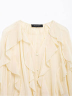 Women's Casual Ruffled Shirt Loose Lace Up Hollow Out V Neck Tops 2025 Spring Blouses Women Clothes