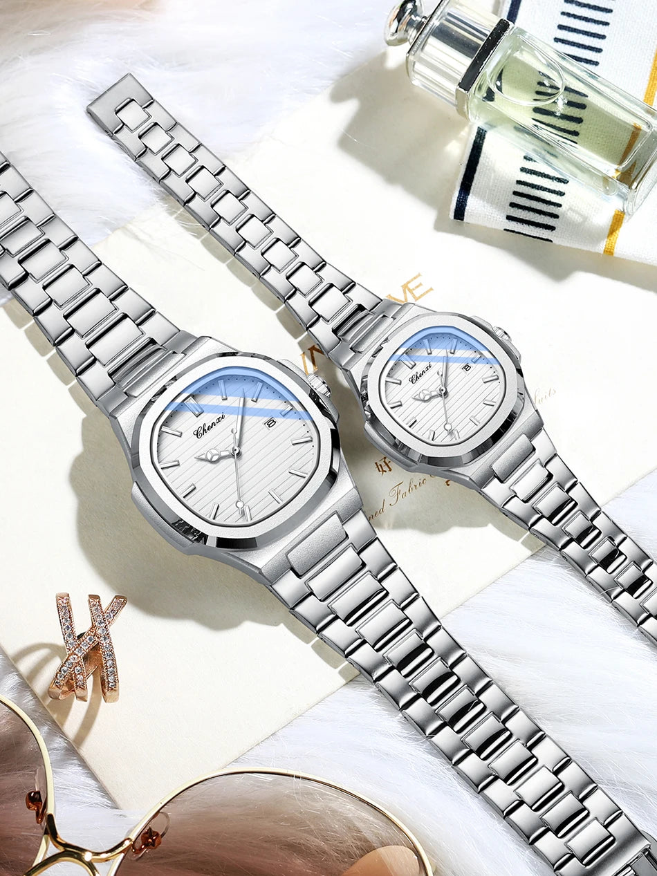 Fashion Couple Watches Men and Women Business Luxury Stainless Steel Quartz Wristwatch Waterproof Luminous Couple Watch Pair Set
