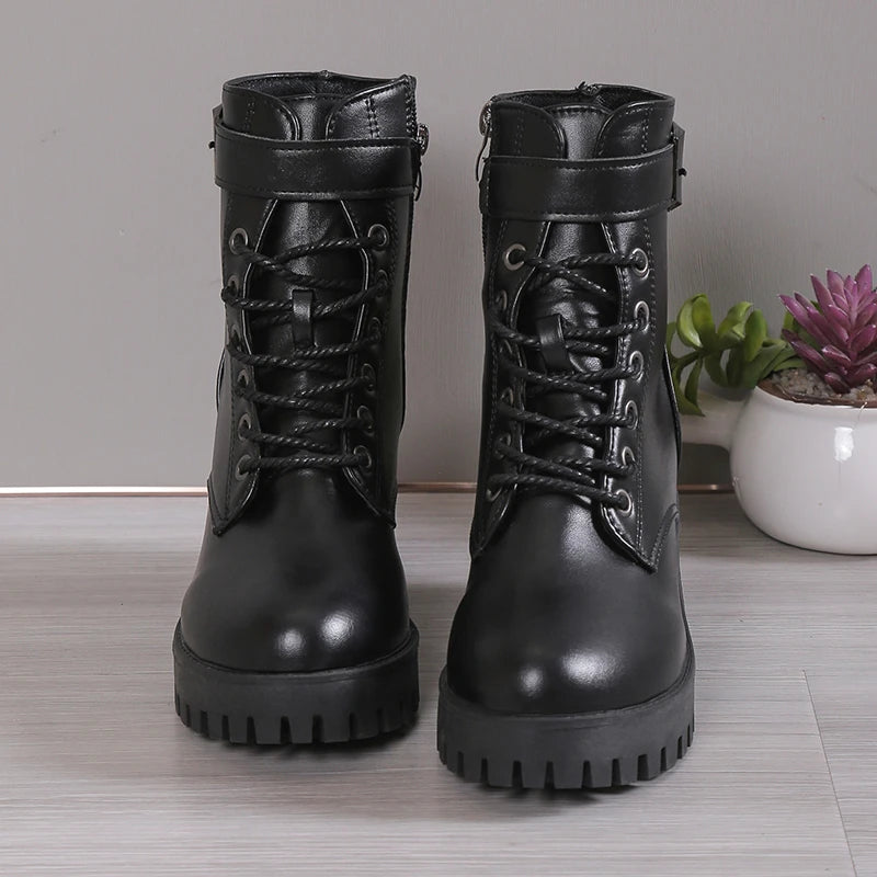 Women's High Heels Ankle Boots for 2023 Black PU Leather Platform Short Boots Woman Side Zipper Thick Heeled Punk Botas De Mujer