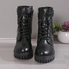 Women's High Heels Ankle Boots for 2023 Black PU Leather Platform Short Boots Woman Side Zipper Thick Heeled Punk Botas De Mujer