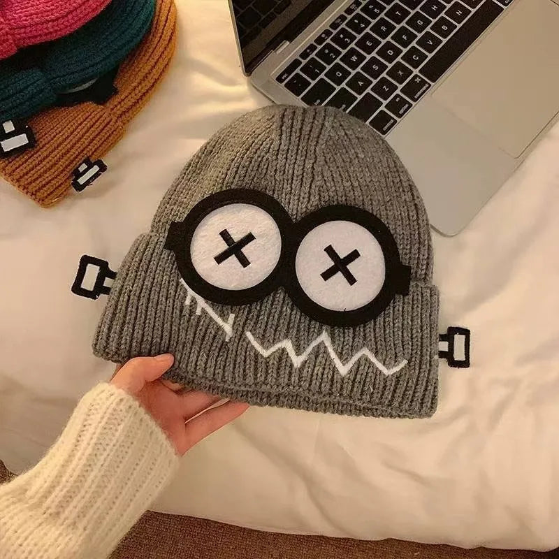 Winter Women Cartoon Hat Cute and Funny Knitted Hat Candy Colored Little Monster Glasses Cute and Warm Hat