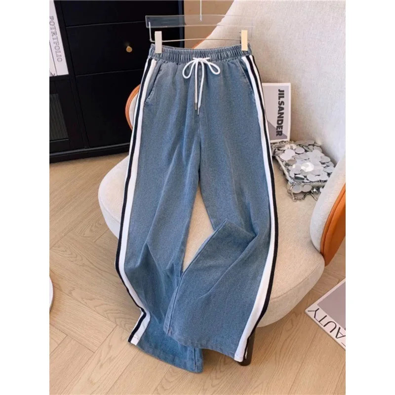Pant Set Women Two Piece Sets Denim Splice Zipper Matching Sets Casual Coats Wide Leg Long Pants Lace Up Elastic Waist 2025