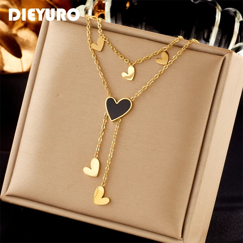 DIEYURO 316L Stainless Steel Black Heart Pendant Necklace For Women New Vintage Girls Clavicle 2in1 Chain Jewelry Birthday Gifts