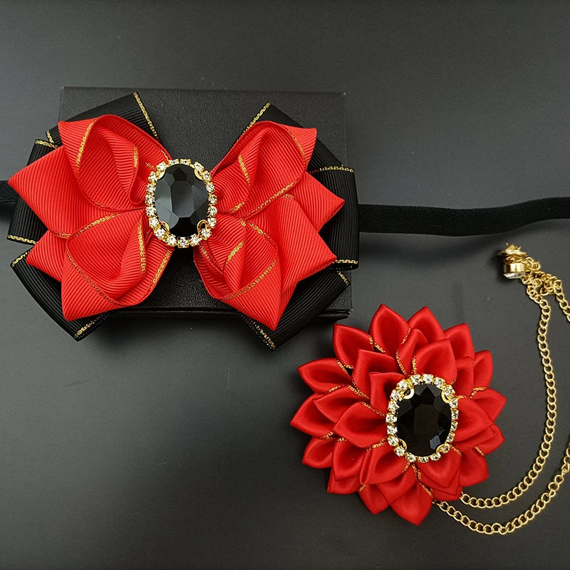 Wedding Bow Tie Corsage Men's Business Banquet Concert Suit Shirts Accessories Jewelry High-end Crystal Collar Flower Brooch Set