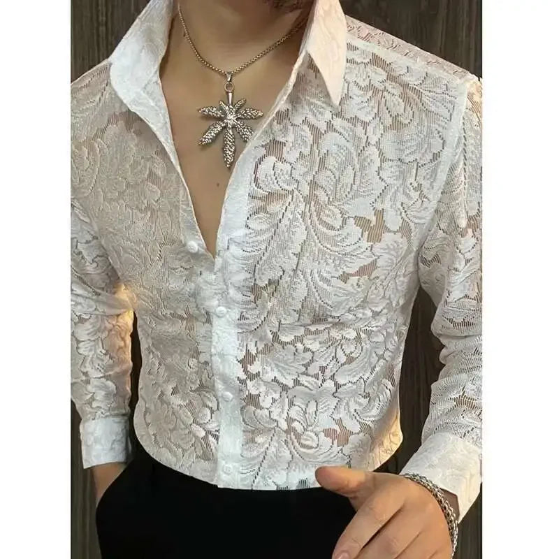 Men's Slim Fit Shirt Spring Transparent Long Sleeved Shirt Men Nightclub Sexy Casual Social Party Shirt