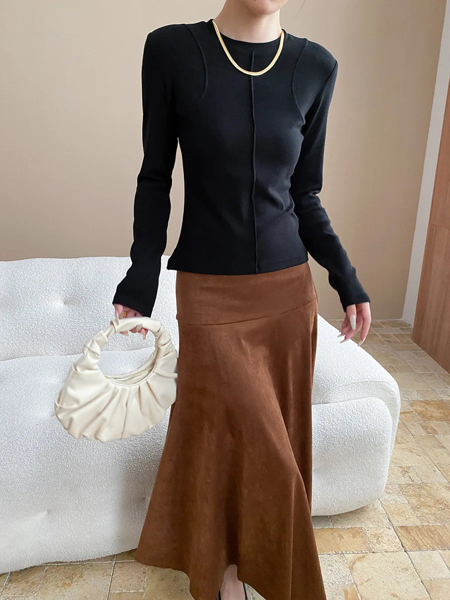 Women's casual stitching slim fit shoulder slimming base long sleeved T-shirt