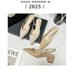 2025 New Medium Heel Woman 4cm Sandals Shallow Mouth Glossy Closed Toe Sandals One Word Buckle Temperament Summer Outdoor Shoes