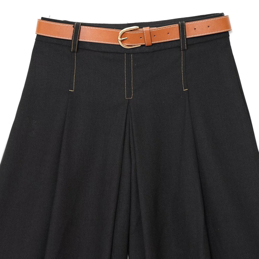 Women's Color Contrasting Stitch Collar Single breasted Straight Tank Top Long Fold Belt Bermuda Shorts Summer New Pants