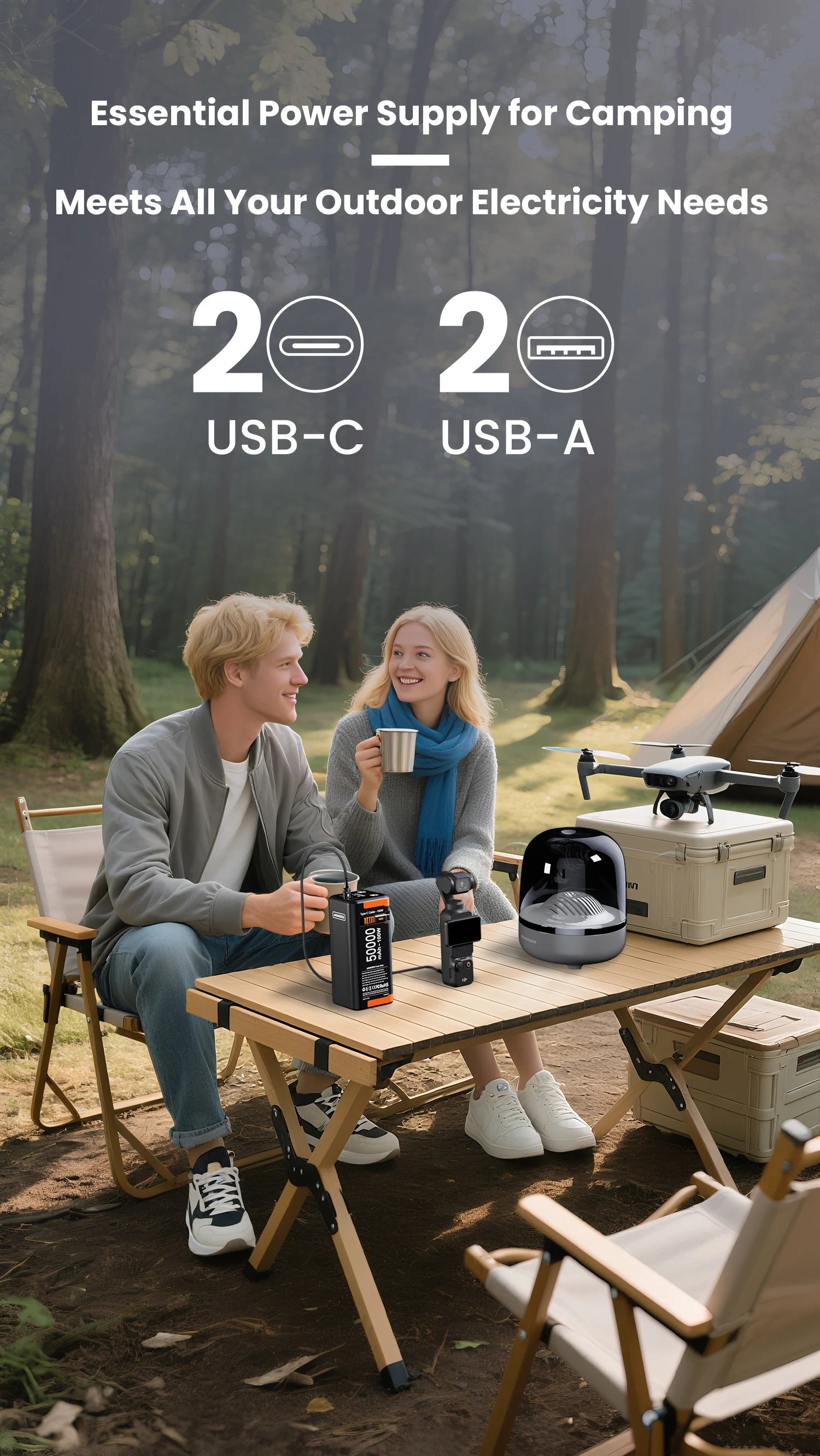 Power Bank 50000mAh 100W PD PPS Super Fast Charging Portable Spare Battery Type-C Retractable Cable Powerbank For Phone Laptop