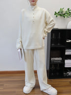 Pant Set Women Two Piece Sets Stand Collar Full Sleeve Knit Tops Wide Leg Long Pants Lace Up Elastic Waist Y2k Streetwear