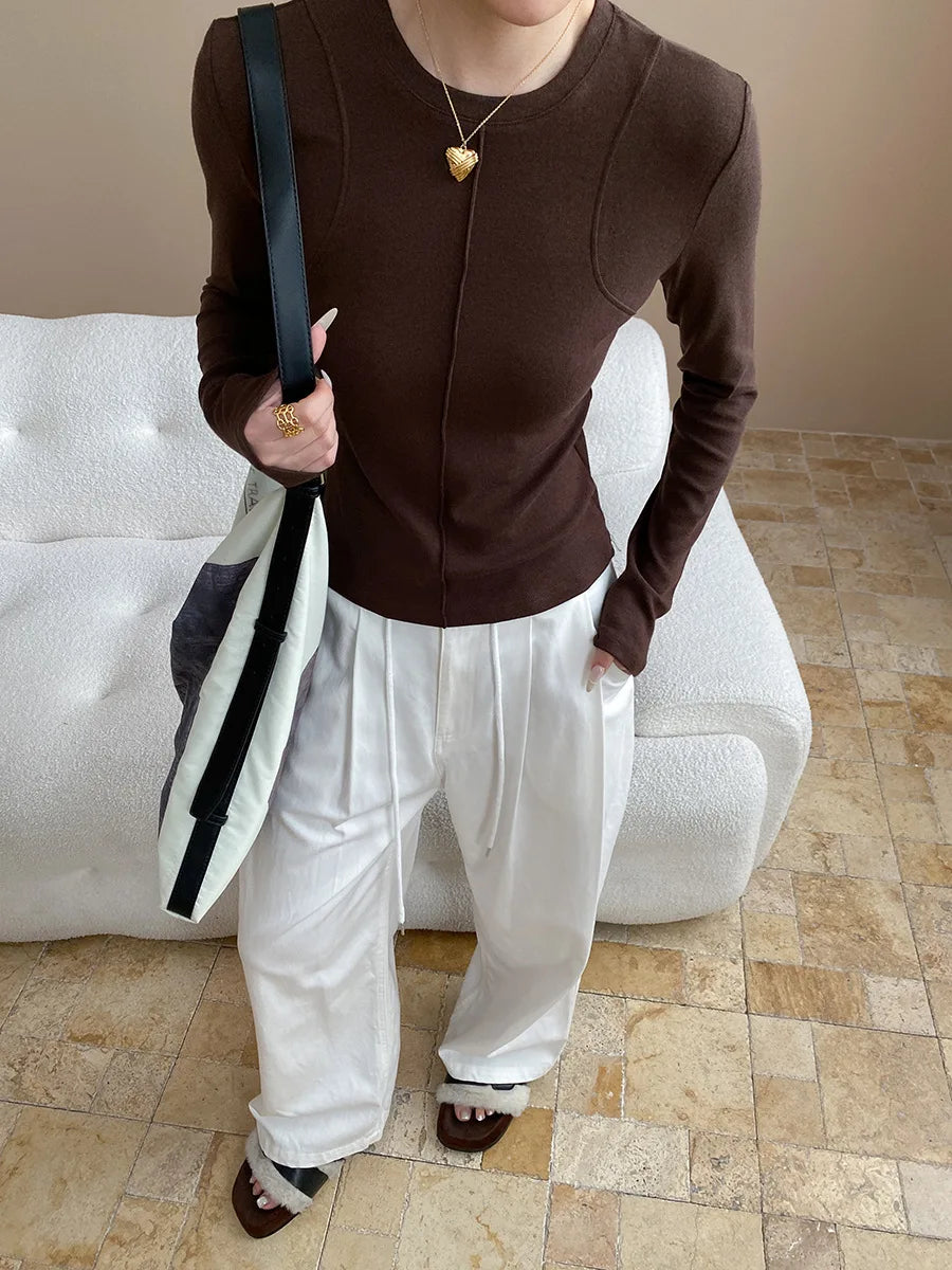 Women's casual stitching slim fit shoulder slimming base long sleeved T-shirt